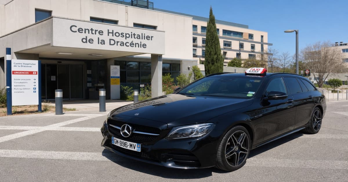 Mercedes break taxi conventionné CPAM devant le Centre Hospitalier de la Dracénie à Draguignan